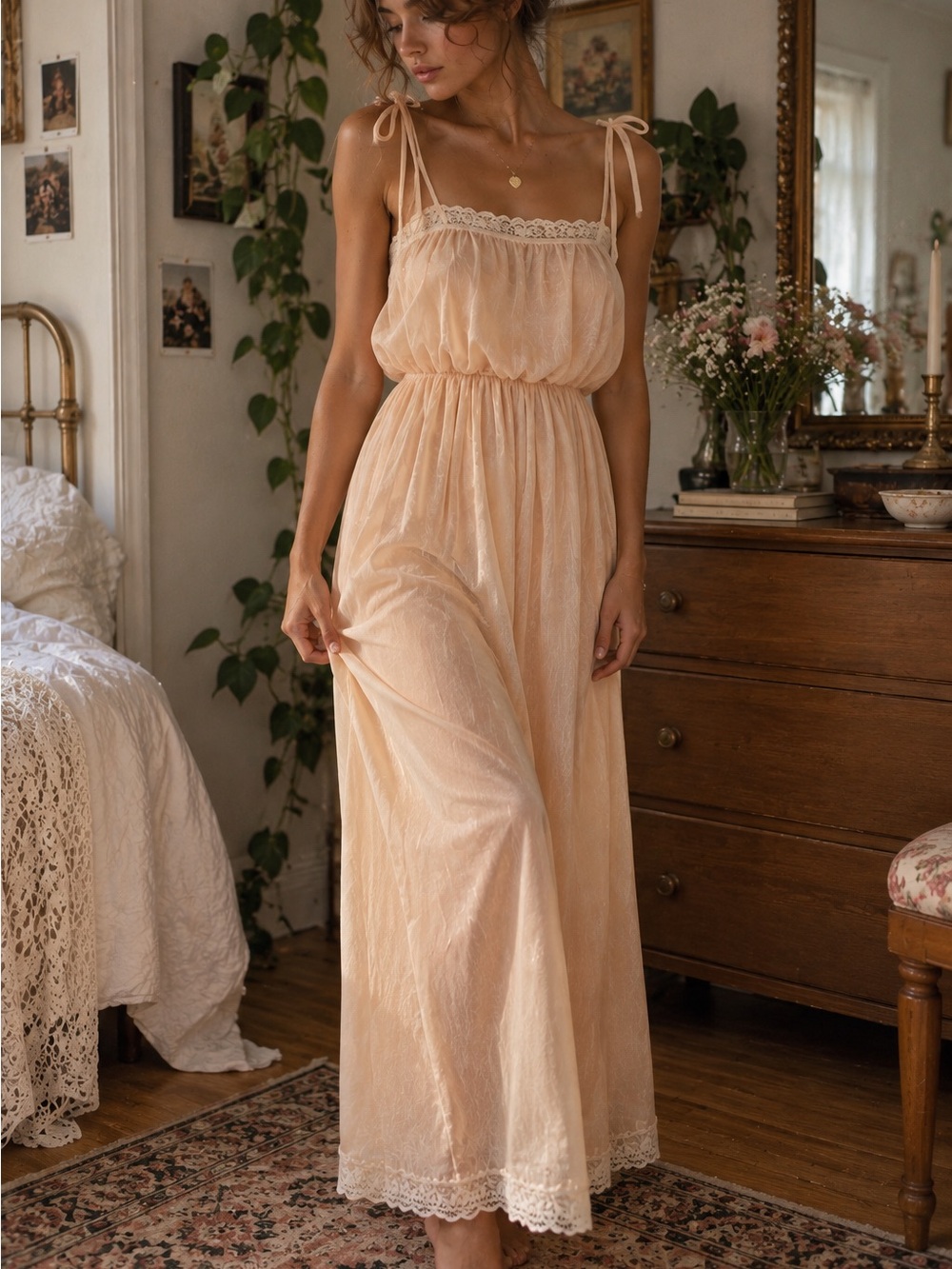 Vintage Roberta California Maxi Dress Fairycore Prairie Lace Romantic Sz 3/4